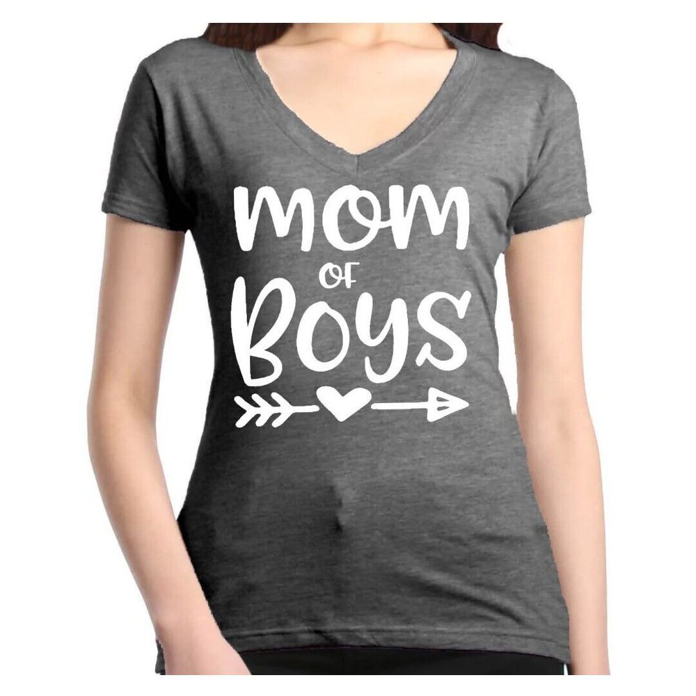 Tultex T-Shirt Woman XL Gray Mom of‎ Boys Graphic V Neck Short Sleeves Stretch